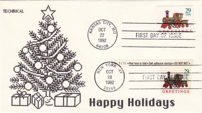 1992 Greetings Toy Train Stamps with Technical Christmas Cachet