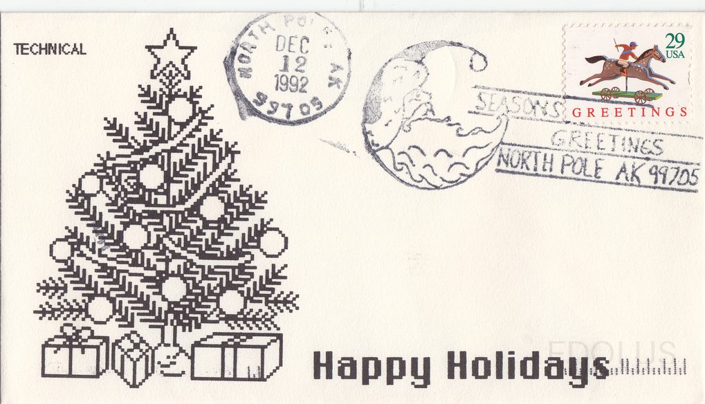The cachet features a black ink pixel-art style Christmas tree adorned with ornaments and topped with a star, surrounded by wrapped gift boxes at its base, with 'Happy Holidays' printed in bold black text at the bottom right. The stamp is a 29-cent USA depicting a horse-drawn chariot/toy with a rid…