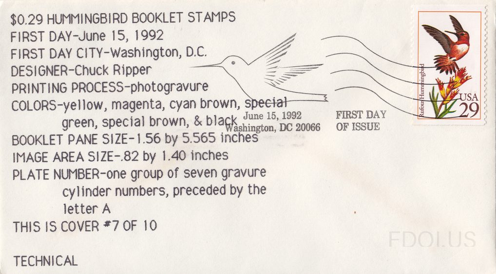 The cachet features a minimalist line-drawing of a hummingbird in flight with stylized wavy lines suggesting motion or flowers, rendered in black ink on white envelope. The stamp is the 29-cent Rufous Hummingbird booklet stamp (Scott 2645), depicting a red-and-brown hummingbird perched near orange …