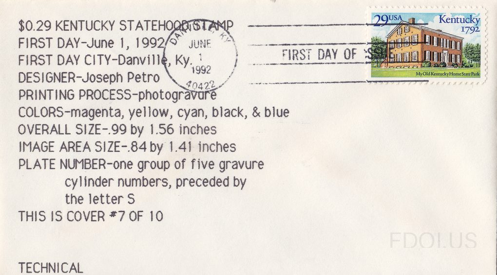 This First Day Cover features a plain white envelope with a text-only cachet (no artwork) printed on the left side, providing detailed technical information about the Kentucky Statehood stamp. The 29-cent stamp depicts 'My Old Kentucky Home State Park,' showing a historic brick Federal-style mansio…