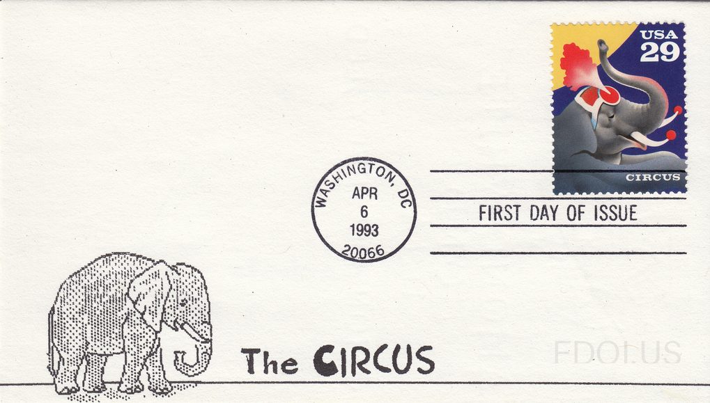 The cachet features a detailed black-and-white stipple/dot engraving of a large circus elephant standing in profile, with the text 'The CIRCUS' printed below in bold mixed-case lettering. The stamp depicts a performing circus elephant in colorful illustration style against a blue and yellow backgro…