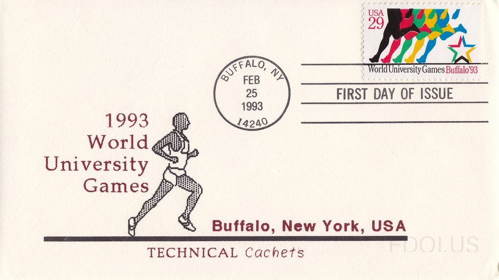 The cachet features a black stippled illustration of a runner in motion, with the text '1993 World University Games' in dark red/maroon on the left side, and 'Buffalo, New York, USA' and 'Technical Cachets' printed below. The 29-cent stamp depicts colorful silhouetted runners' legs in red, yellow, …