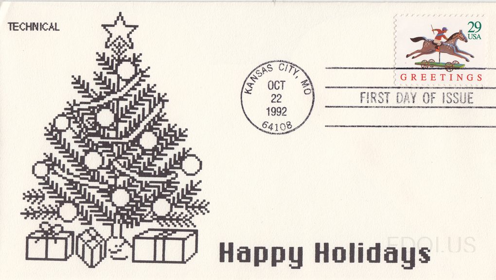 The cachet features a black-and-white pixel/dot-matrix style illustration of a decorated Christmas tree with ornaments, a star topper, and wrapped gifts beneath it, printed by Technical Cachets. The text 'Happy Holidays' appears in bold at the bottom right of the cachet. The 29-cent USA 'Greetings'…