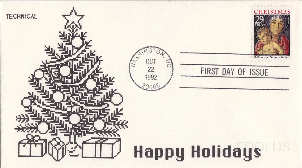 The cachet features a black-and-white pixelated/digital-style illustration of a decorated Christmas tree with ornaments, a star topper, and wrapped gifts beneath it, printed in a single color (black). The word 'TECHNICAL' appears in the upper left and 'Happy Holidays' is printed in bold at the bott…