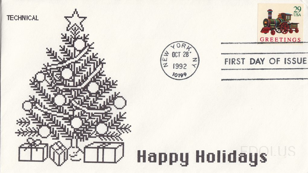 The cachet features a black-and-white pen-and-ink style Christmas tree decorated with ornaments and topped with a star, with wrapped gift boxes beneath it, and 'Happy Holidays' printed in bold black text at the bottom right. The word 'TECHNICAL' appears in the upper left corner identifying the cach…