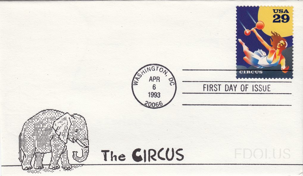 The cachet features a black line-art illustration of two elephants (an adult and a young one) on the left side of the envelope, with the text 'The CIRCUS' printed below in a stylized font. The 29-cent USA stamp depicts a circus aerialist/trapeze artist in a dynamic pose against a blue and yellow ba…