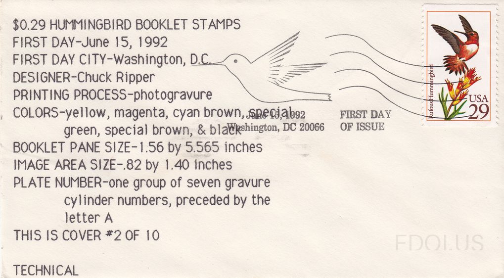 The cachet features a line-drawn hummingbird in flight with stylized wave lines, rendered in simple black ink on white envelope stock. The left portion contains extensive technical information about the stamp including designer (Chuck Ripper), printing process (photogravure), colors, booklet pane s…