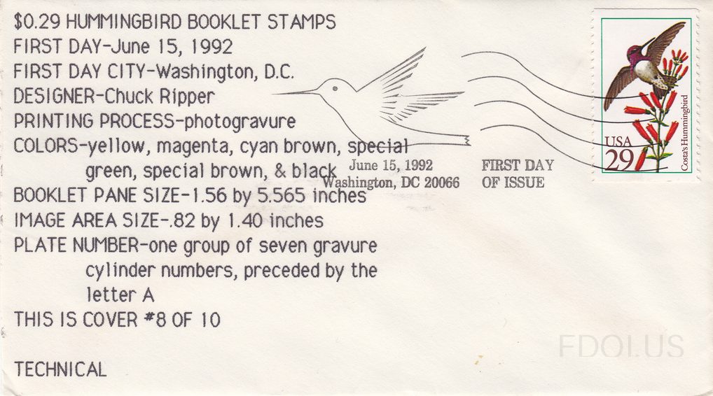 The cachet features a simple line drawing of a hummingbird in flight with stylized wavy lines suggesting motion, printed in black on white. The left portion of the cover contains detailed technical information about the stamp issue in typewritten text, identifying this as cover #8 of 10 in a series…