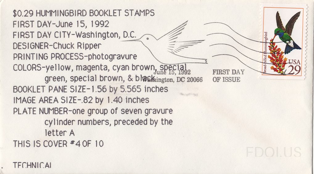 The cachet features a simple line drawing of a hummingbird in flight, rendered in black outline on white envelope stock, positioned center-left with flowing lines suggesting motion. The stamp is the 29-cent Broad-billed Hummingbird from the 1992 Hummingbird Booklet series, showing a colorful green …