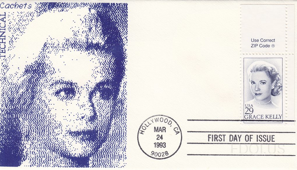 The cachet features a large blue dot-matrix style portrait of Grace Kelly dominating the left side of the envelope, printed by Technical Cachets. The stamp is a USA 29-cent Grace Kelly commemorative issue depicting her in a classic portrait pose with pearl necklace, printed in blue-gray tones. The …