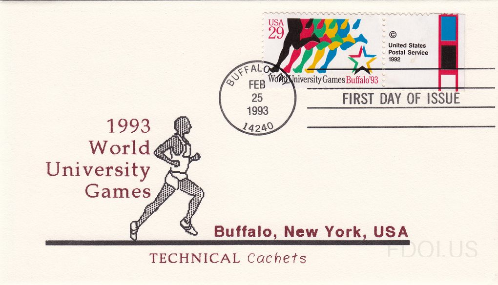 The cachet features a dot-matrix style illustration of a running athlete in black and white, accompanied by dark red text reading '1993 World University Games' and 'Buffalo, New York, USA.' The stamp (USA 29 cents) depicts colorful silhouetted runners in red, green, blue, yellow, and other colors w…