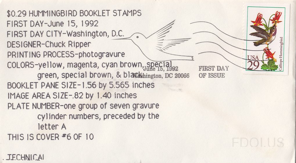 The cachet features a minimalist line-drawing of a hummingbird in flight with stylized wavy lines suggesting motion, printed in black ink on white envelope. The left portion contains detailed typeset technical information about the stamp including designer, printing process, colors, and dimensions.…