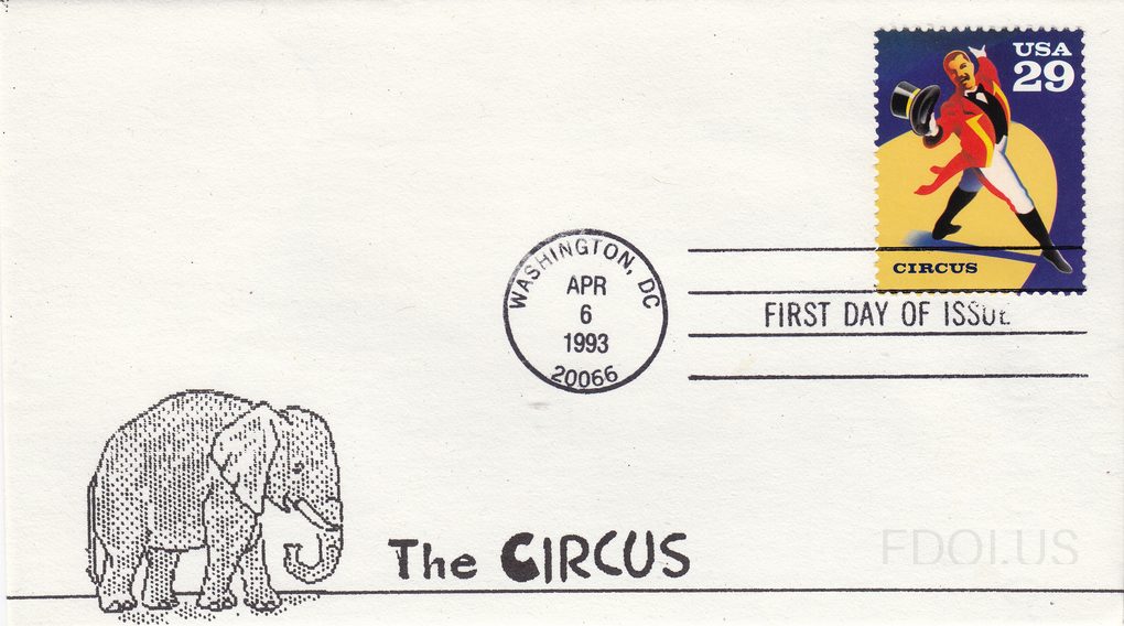 The cachet features a black ink illustration of an elephant on the lower left, with 'The CIRCUS' printed in bold text below center. The 29-cent USA Circus stamp depicts a ringmaster in a red coat and top hat against a yellow circular background. The postmark is a circular hand cancellation from Was…