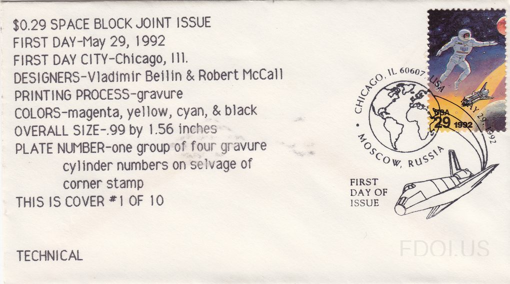 The cachet features a line-drawing illustration of a Space Shuttle in flight, rendered in black ink on white envelope stock. The stamp depicts a spacewalking astronaut in a spacesuit against a dramatic space backdrop with Earth, a planet, and a spacecraft, issued as the $0.29 Space Block Joint Issu…