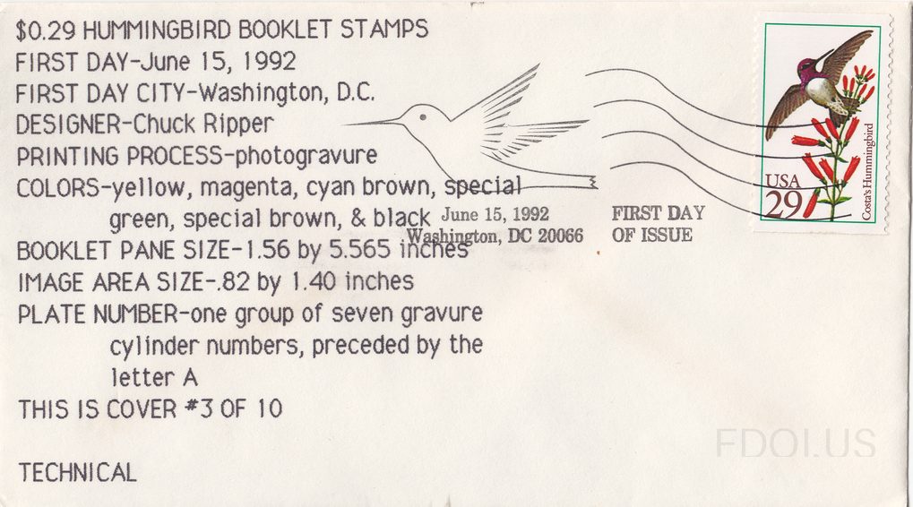 The cachet features a line-drawn hummingbird in flight with wavy lines suggesting motion, printed in simple black ink on white envelope. The stamp depicts Costa's Hummingbird (USA 29 cents) showing the bird perched near red tubular flowers, printed in photogravure with rich colors. The postmark is …