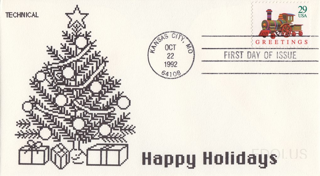 The cachet features a detailed black-and-white pixel/dot-matrix style illustration of a decorated Christmas tree with ornament balls, a star topper, and wrapped gift packages beneath it, with 'Happy Holidays' printed in bold dark text at the bottom right. The word 'TECHNICAL' appears in the upper l…