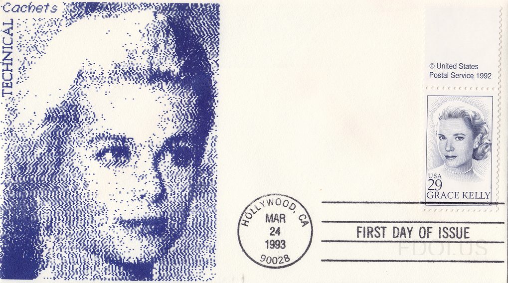 The cachet features a large blue dot-matrix style portrait of Grace Kelly filling the left portion of the envelope, printed by Technical Cachets. The stamp is the USA 29-cent Grace Kelly commemorative stamp showing a classic black-and-white portrait of the actress. The postmark is a circular hand c…