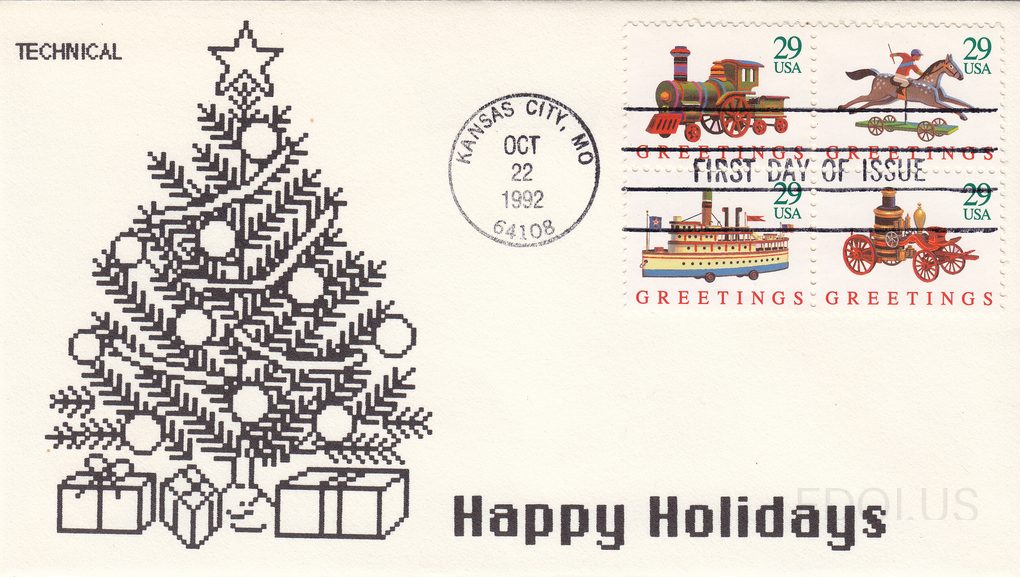 The cachet features a pixel/dot-matrix style black ink illustration of a decorated Christmas tree with ornaments, a star topper, and wrapped gifts beneath it, with 'Happy Holidays' printed in bold black text at the bottom right. The cover bears a block of four 1992 Christmas Greetings stamps (29 ce…