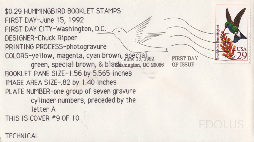 The cachet features a line-drawn hummingbird in flight rendered in simple black ink on white envelope stock, with wavy lines suggesting motion or air currents. Extensive typeset technical information fills the left portion of the cachet, detailing production specifications for the stamp issue. The …