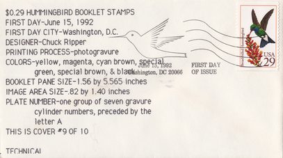 Broad-billed Hummingbird 29¢ Stamp, Technical Cachets #9, June 15, 1992