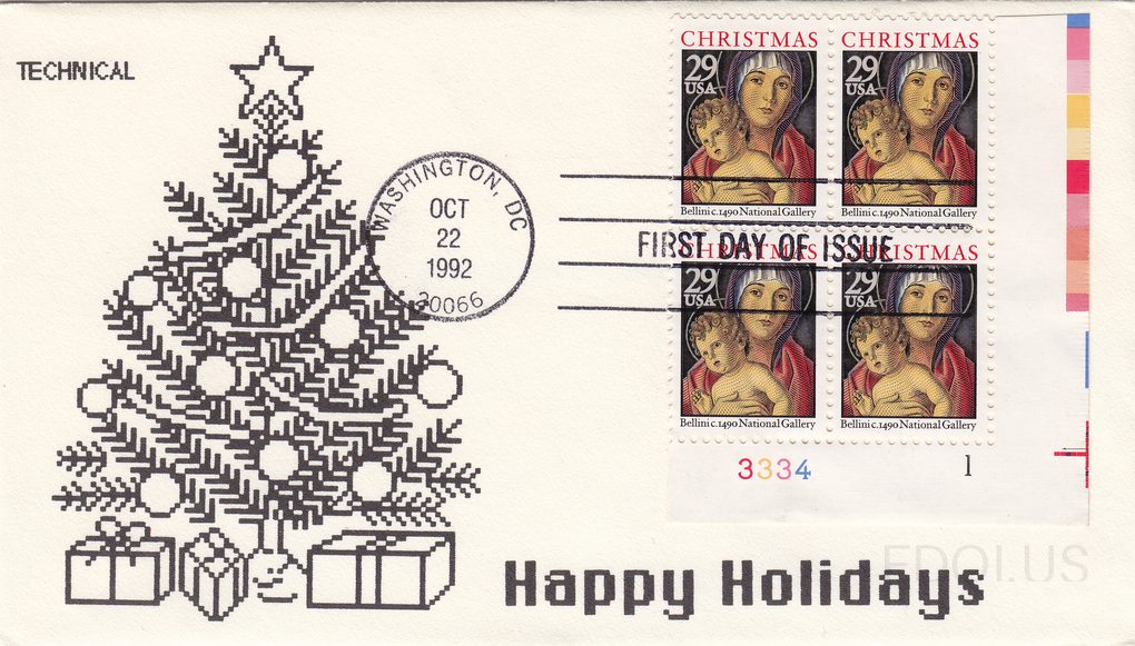 The cachet features a pixel/computer art style Christmas tree decorated with ornaments, topped with a star, and surrounded by wrapped gifts at its base, rendered in black ink on white envelope. The word 'TECHNICAL' appears in the upper left and 'Happy Holidays' in bold pixel-style font at the botto…