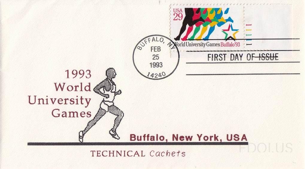 The cachet features a stipple-dot illustration of a runner in mid-stride, printed in dark ink on white envelope stock, accompanied by the text '1993 World University Games' in dark red and 'Buffalo, New York, USA' and 'TECHNICAL Cachets' below. The 29-cent stamp depicts colorful silhouetted runners…