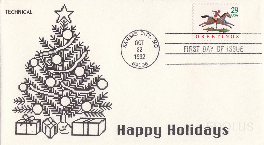 The cachet features a detailed black-and-white line art illustration of a decorated Christmas tree adorned with round ornaments and a star topper, with wrapped gift boxes beneath. The artwork is printed in black ink on white envelope stock by Technical Cachets, with 'Happy Holidays' printed in bold…