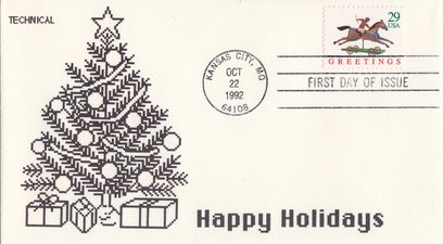 1992 Greetings Stamp with Christmas Tree and Gifts Cachet