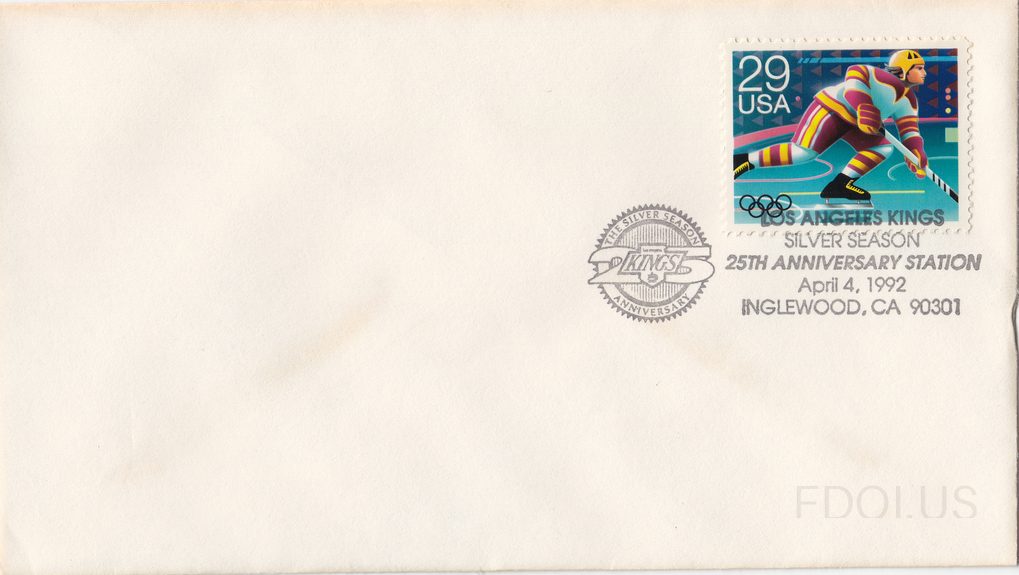 This cover features no traditional cachet artwork on the left side — the envelope is plain white. The stamp is the 1992 USA 29-cent Winter Olympics ice hockey stamp, depicting a hockey player in action with the Olympic rings visible. A special pictorial cancellation for the Los Angeles Kings 'Silve…