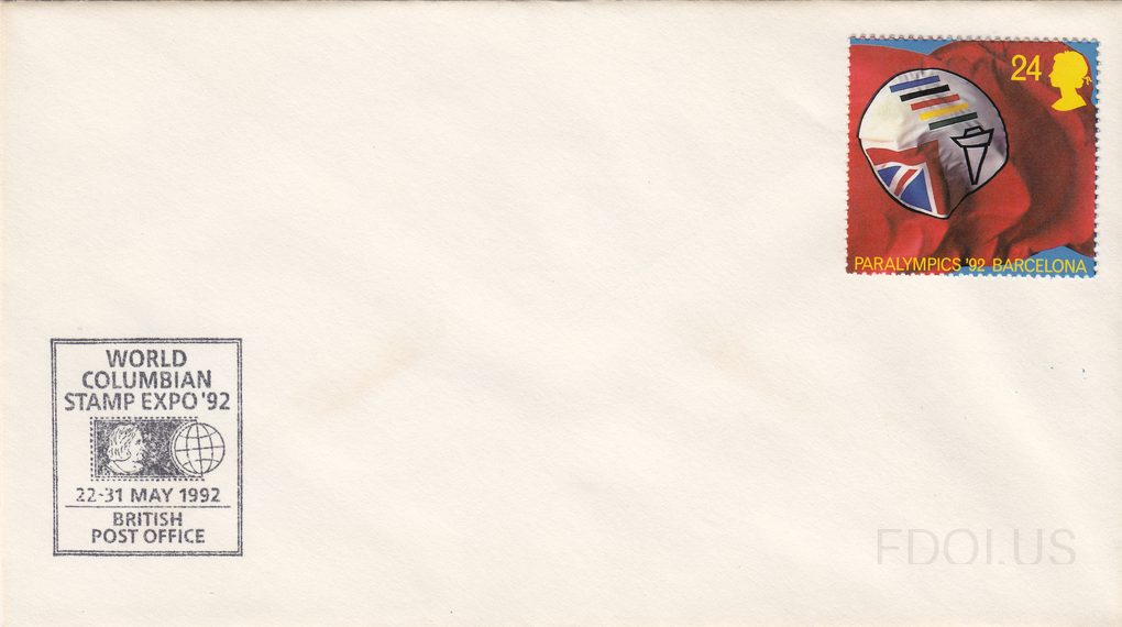 This cover features a minimal cachet design with no artwork on the left side. The stamp is a 24p Great Britain issue commemorating the 1992 Barcelona Paralympics, depicting a circular emblem with the Union Jack and Paralympic colored bars against a red background. The postmark is a rectangular pict…