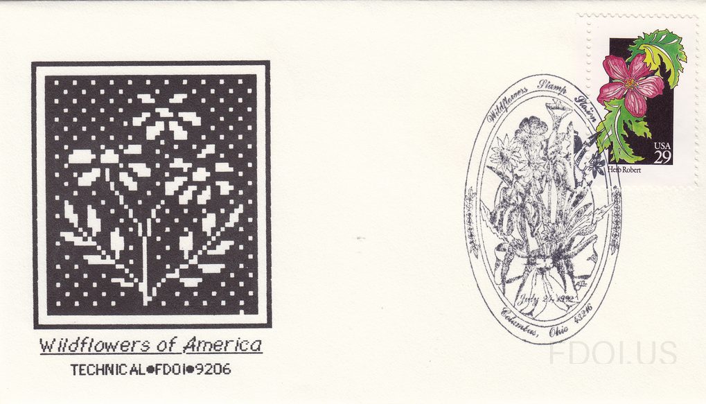 The cachet features a pixelated/cross-stitch style black and white artwork of a wildflower plant on a dark background, with the text 'Wildflowers of America' and 'TECHNICAL•FDO1•9206' below. The stamp is a 29-cent USA stamp from the Fifty Wildflowers series depicting a pink flower (Wild Rose / Herb…