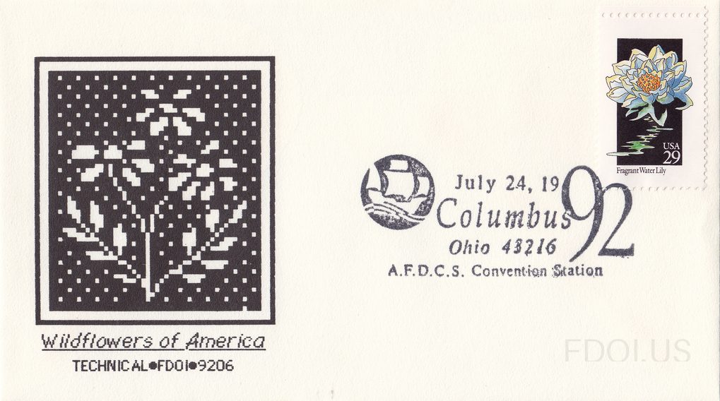 The cachet features a pixelated/mosaic-style black and white artwork depicting a wildflower plant with leaves and blooms on a dark background, framed in a black border. Below the artwork, the text reads 'Wildflowers of America' in italic script with 'TECHNICAL•FDOI•9206' beneath it. The stamp is a …