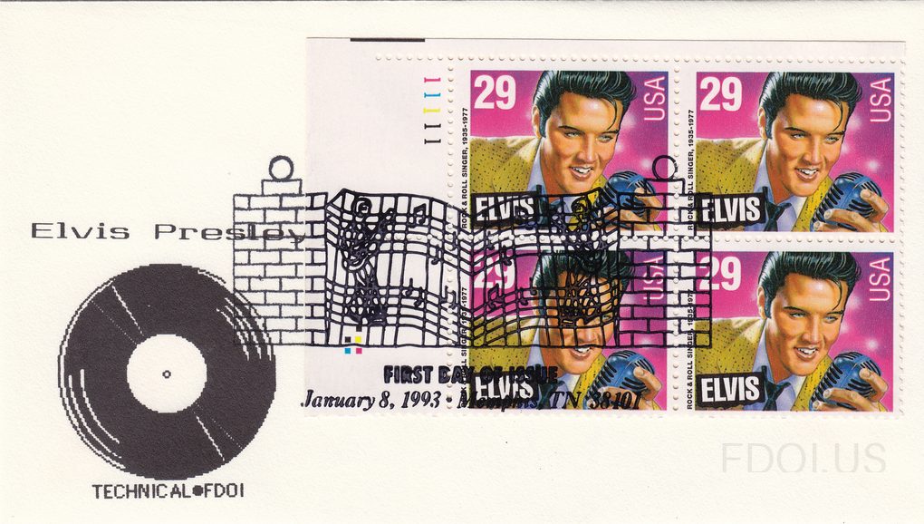 The cachet artwork features a black ink illustration of Graceland's iconic stone gate entrance with musical notes incorporated into the design, alongside a vinyl record graphic in the lower left. The text 'Elvis Presley' appears in elegant lettering above the cachet art, with 'TECHNICAL•FDOI' print…