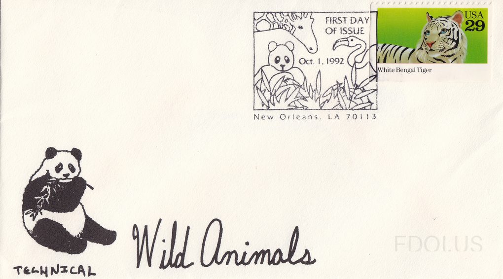 The cachet features a black-and-white illustration of a giant panda sitting and eating bamboo, with the handwritten-style text 'Wild Animals' beside it and 'TECHNICAL' printed below the panda. The stamp is a USA 29-cent issue depicting a White Bengal Tiger on a green background, labeled 'White Beng…