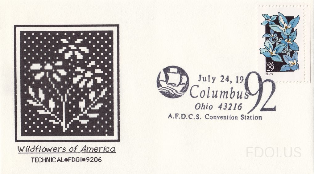 The cachet features a black-and-white pixelated/stippled artwork depicting wildflowers with stems and leaves, rendered in a digital dot-matrix style. Below the artwork is the text 'Wildflowers of America' in italic script and 'TECHNICAL•FDOI•9206'. The stamp is the 29-cent USA 'Bluets' wildflower s…