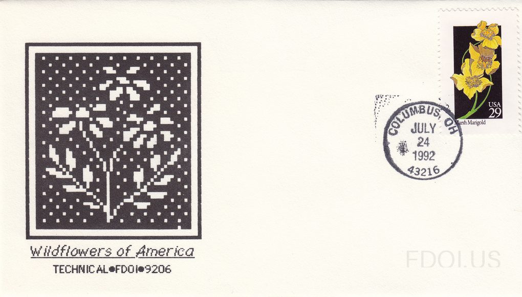 The cachet features a pixelated/cross-stitch style black and white artwork depicting wildflowers, printed in a square black field. Below the artwork, italic text reads 'Wildflowers of America' with 'TECHNICAL•FDOI•9206' beneath it. The stamp is the USA 29-cent Marsh Marigold from the 1992 Wildflowe…