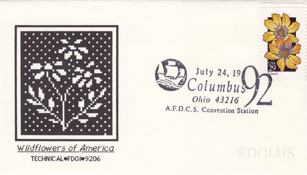 The cachet features a black-and-white pixel/mosaic-style artwork depicting wildflowers, with 'Wildflowers of America' printed below in italic script and 'TECHNICAL•FDOI•9206' beneath that. The stamp is the USA 29-cent 'Tickseed' issue from the Wildflowers of America series, showing yellow and orang…