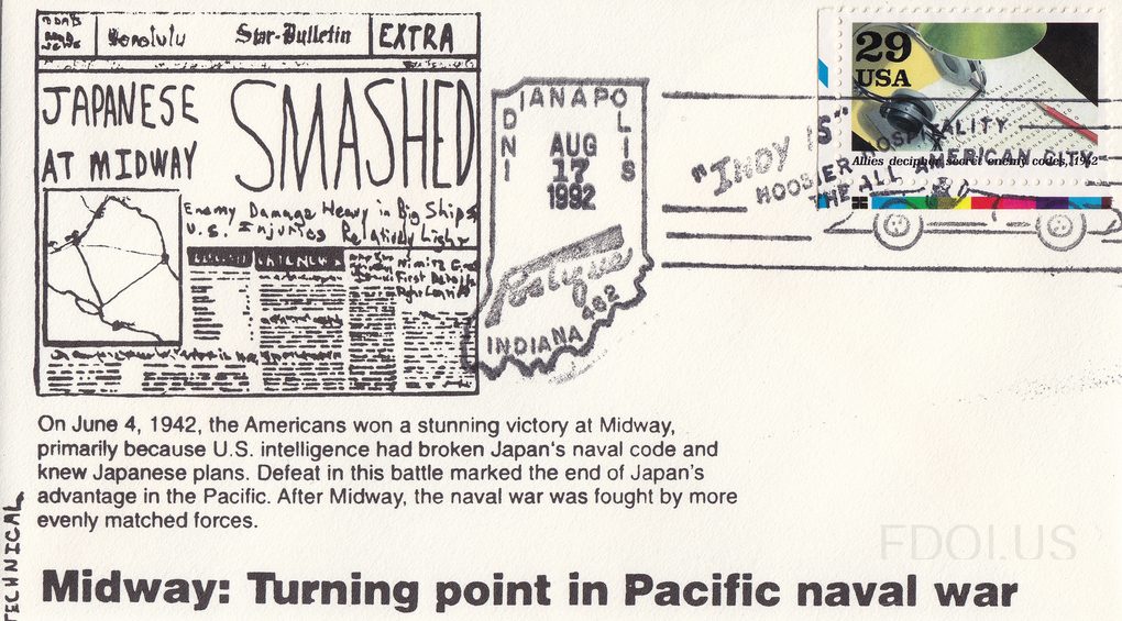 The cachet artwork depicts a newspaper front page from the Honolulu Star-Bulletin 'Extra' edition with the headline 'JAPANESE AT MIDWAY SMASHED,' including a map and additional subheadlines about enemy damage and U.S. casualties. Below the artwork, explanatory text reads 'On June 4, 1942, the Ameri…