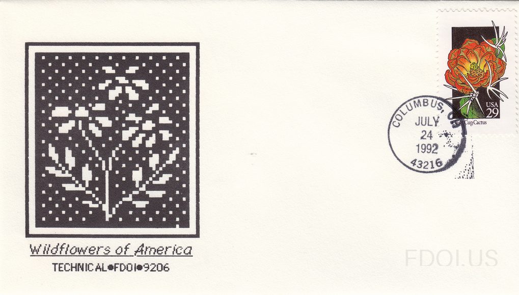 The cachet features a black-and-white pixelated/digital art rendering of wildflowers in a square vignette, with 'Wildflowers of America' printed in italic script below, and 'TECHNICAL•FDO1•9206' in block letters beneath that. The stamp is the USA 29-cent 'Cup Cactus' (claret cup cactus) from the 19…