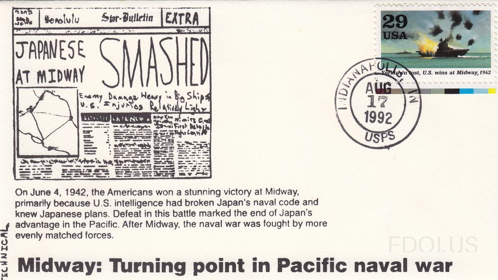 The cachet features a hand-drawn reproduction of the Honolulu Star-Bulletin 'EXTRA' edition with the headline 'JAPANESE AT MIDWAY SMASHED,' including subheadings and a map insert. Below the newspaper art, printed text describes the American victory at Midway on June 4, 1942, crediting U.S. intellig…