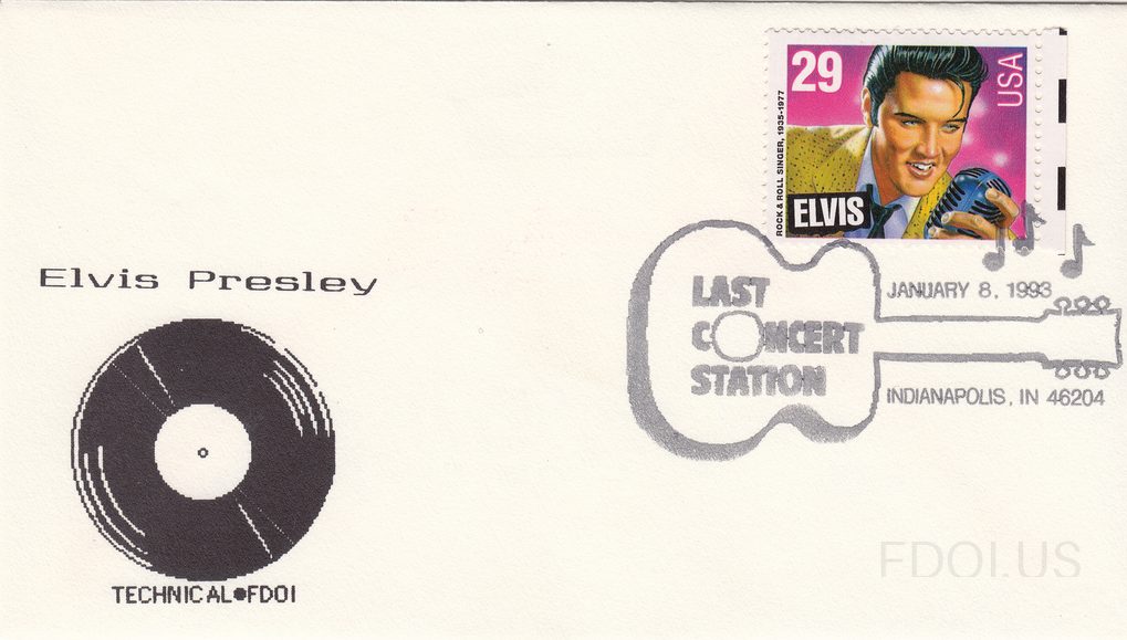 The cachet features a black vinyl record illustration with the text 'Elvis Presley' above it and 'TECHNICAL•FDOI' below, printed on a white envelope. The stamp is the 29-cent USA Elvis Presley commemorative issue depicting a young Elvis in a gold jacket holding a microphone against a pink/purple ba…