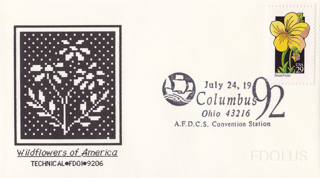 The cachet features a black-and-white pixelated/stippled artwork depicting wildflowers, printed in a square frame on the left side of the envelope. Below the cachet is the text 'Wildflowers of America' in script and 'TECHNICAL•FDOI•9206' in block letters. The stamp in the upper right is a USA 29-ce…