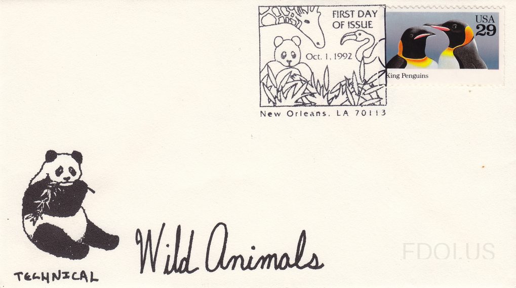 The cachet features a black ink illustration of a giant panda sitting and eating bamboo, with the handwritten text 'Wild Animals' in cursive and 'TECHNICAL' printed below the panda. The stamp is a USA 29-cent King Penguins stamp showing two colorful king penguins against a blue background. The pict…