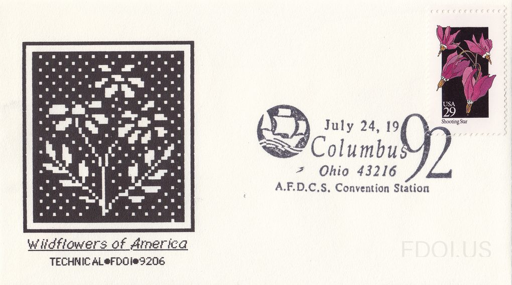 The cachet features a pixelated/dot-matrix style black and white artwork depicting wildflowers, created by Technical Cachets. The stamp is the USA 29-cent 'Shooting Star' wildflower stamp from the 1992 Wildflowers of America series, depicting pink-magenta shooting star flowers against a black backg…