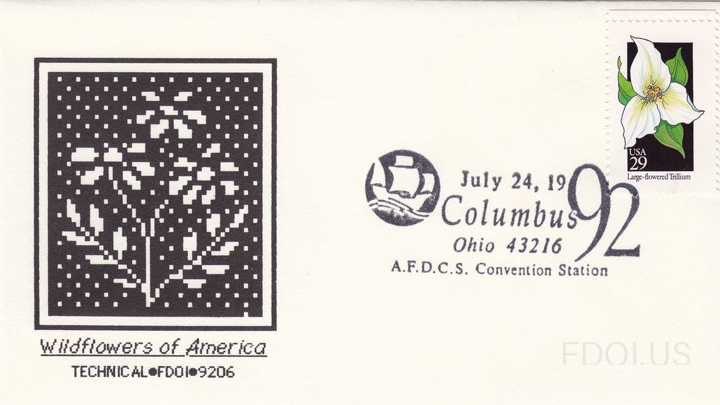 The cachet features a black-and-white pixelated/digital art style rendering of wildflowers on a dark background, captioned 'Wildflowers of America' with maker code 'TECHNICAL•FDOI•9206'. The stamp is the USA 29-cent Large-flowered Trillium from the 1992 Wildflowers series, depicting a white triplic…
