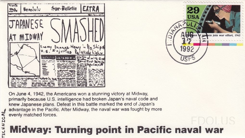 The cachet features a hand-drawn illustration of a newspaper front page from the Honolulu Star-Bulletin Extra edition with the headline 'Japanese Smashed at Midway,' including subheadings about enemy damage and U.S. casualties. Below the illustration, printed text provides historical context about …