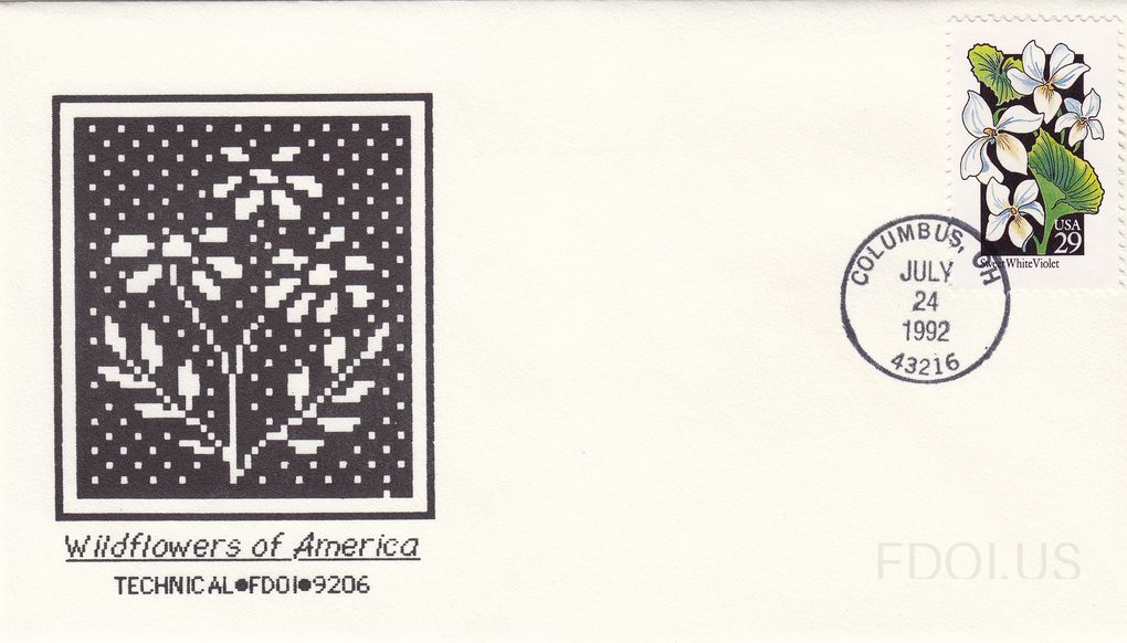 The cachet features a pixelated/digital art style rendering of a wildflower plant in black and white, printed within a dark bordered square. Below the artwork, italic script reads 'Wildflowers of America' with 'TECHNICAL•FDOI•9206' in block letters. The stamp depicts the White Violet from the 1992 …