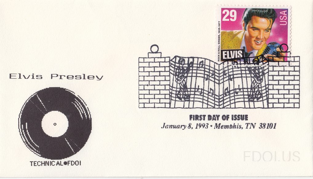 The cachet features a black-and-white illustration of Graceland's iconic gate with musical notes, accompanied by a vinyl record graphic and 'Elvis Presley' text, produced by Technical Cachets. The stamp is the 29-cent Elvis Presley commemorative (Scott #2721), depicting a young Elvis in a pink and …