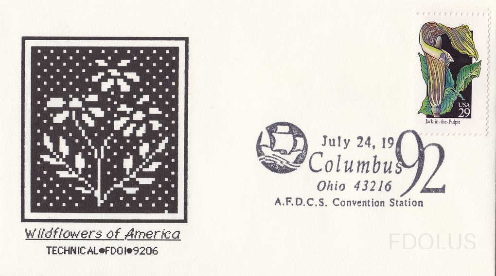 The cachet features a black and white pixelated/digital art style rendering of a wildflower plant, printed in a square frame on the left side of the envelope. Below the artwork, text reads 'Wildflowers of America' (underlined) and 'TECHNICAL•FDOI•9206'. The stamp in the upper right depicts a Jack-i…