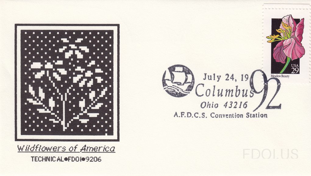 The cachet features a black-and-white pixelated/cross-stitch style artwork of a wildflower plant, framed in a black square border, with 'Wildflowers of America' in italic script below and catalog code 'TECHNICAL•FD01•9206'. The stamp is a USA 29-cent 'Meadow Beauty' stamp from the Fifty Wildflowers…